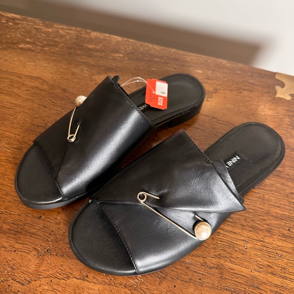 Nine West Shoes - Nine West Black Slide Sandals with Gold Pin Accent